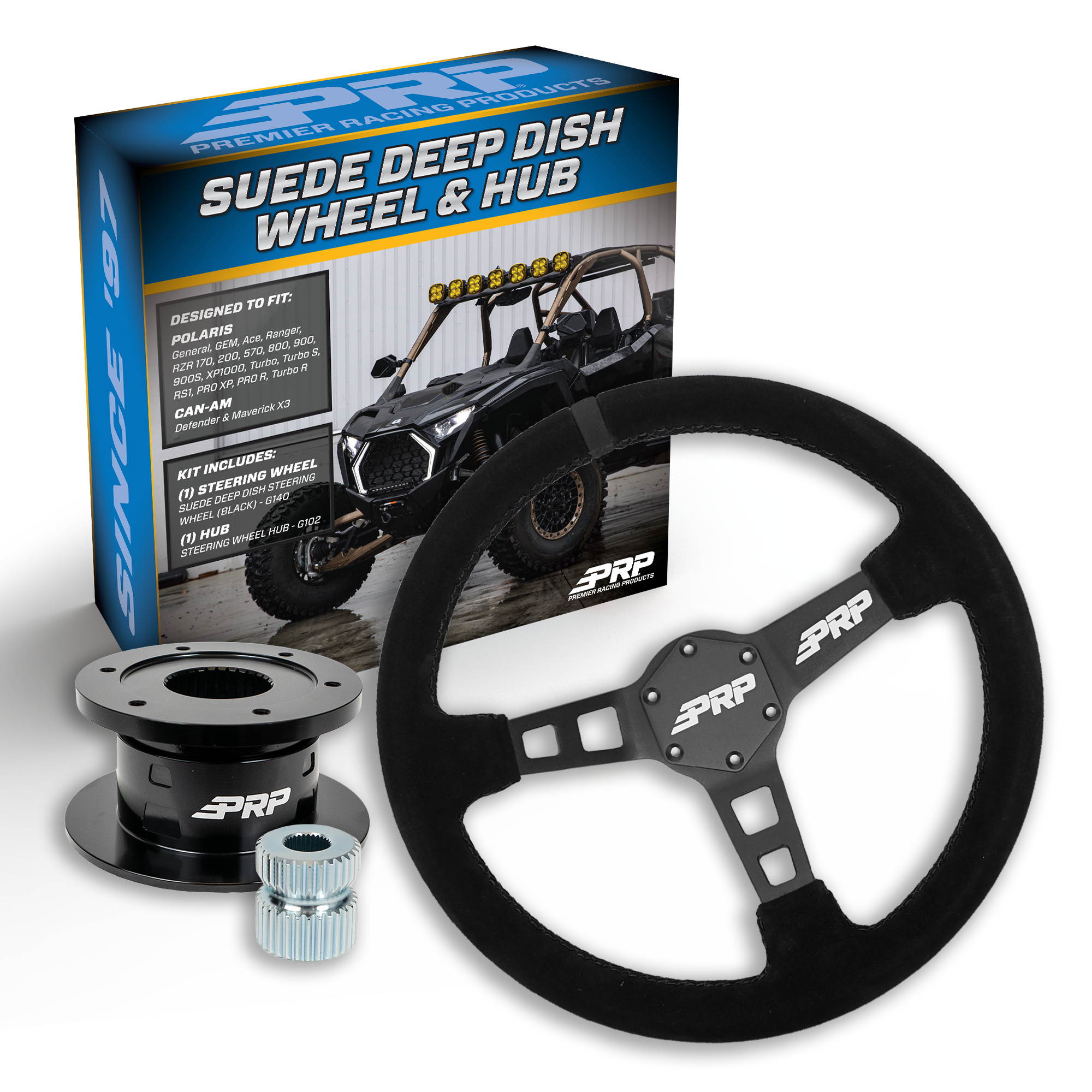 PRP Deep Dish Suede Steering Wheel Kit with Quick Release Hub for Polaris RZR, Can Am X3, Arctic Cat Wildcat, EZ-GO, GEM, John Deere Gator
