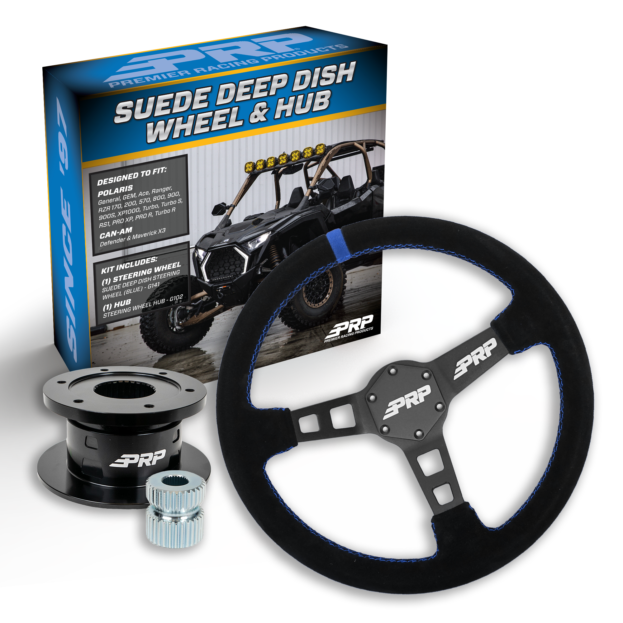 PRP Deep Dish Suede Steering Wheel Kit with Quick Release Hub for Polaris RZR, Can Am X3, Arctic Cat Wildcat, EZ-GO, GEM, John Deere Gator